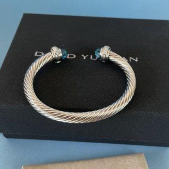 David Yurman Bracelet 7mm Sterling Silver Prasiolite Diamond Cable Classic Cuff - Picture 2 of 7